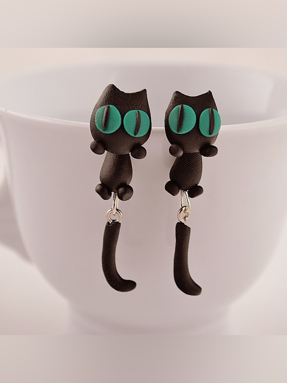 Adorable Black Cat Earrings with Teal Eyes